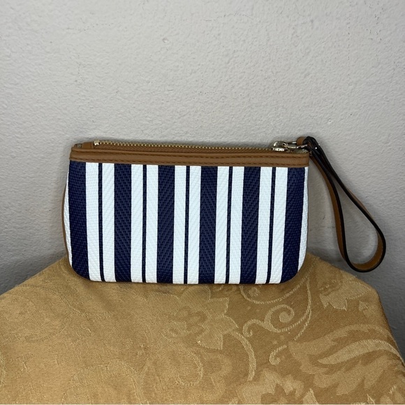 Wristlet Rosetti Blue White Stripes Tan Small Bag Zip Closure Preppy Classic - Picture 4 of 6